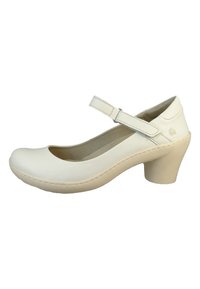 Białe skórzane buty typu Mary Jane z okrągłym noskiem, regulowanym paskiem i krótkim, grubym obcasem; przeszycia wzdłuż podeszwy.