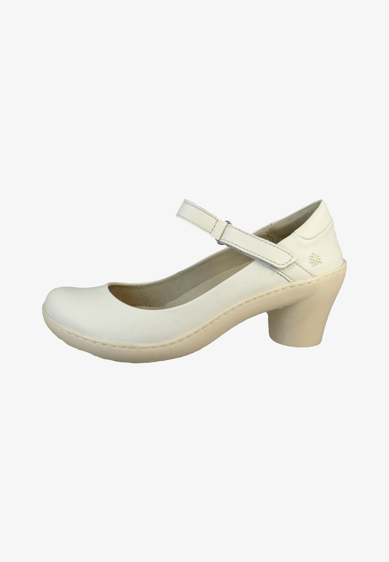 White leather Mary Jane shoe with a rounded toe, adjustable strap, and a short, chunky heel; stitched detailing along the sole.