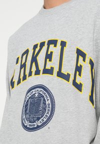 Gray sweatshirt featuring large yellow "BERKELEY" text and a blue circular emblem with a book and a star, highlighting university branding.