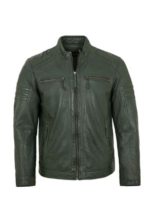 Dunkelgrüne Lederjacke mit Stehkragen, Frontreißverschluss, zwei Brusttaschen mit Reißverschluss und seitlichen Reißverschlusstaschen.