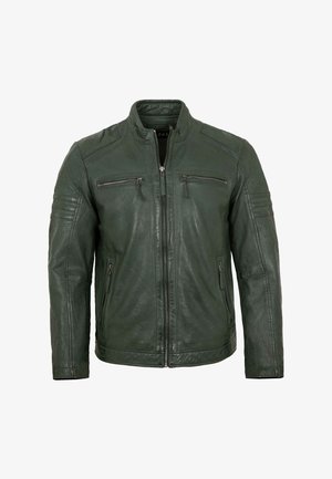 Dunkelgrüne Lederjacke mit Stehkragen, Frontreißverschluss, zwei Brusttaschen mit Reißverschluss und seitlichen Reißverschlusstaschen.