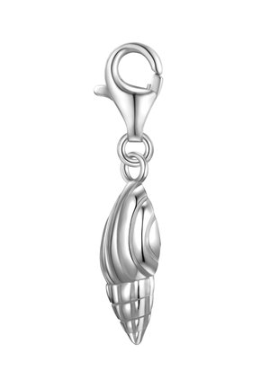 Silver seashell charm with a smooth, polished finish, featuring spiral ridges and a lobster clasp for attachment.