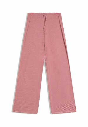 Rote und weiße, horizontal gestreifte, weit geschnittene Hose mit elastischem Bund und vorderer Kordelzug vor weißem Hintergrund.
