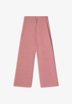 Rote und weiße, horizontal gestreifte, weit geschnittene Hose mit elastischem Bund und vorderer Kordelzug vor weißem Hintergrund.