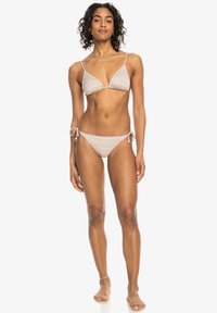 Striped bikini with triangle top and adjustable tie-side bottoms. Colors include pastel shades of blue, pink, and white. Soft texture.
