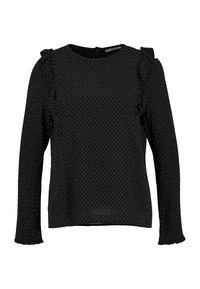 Blouse noire à manches longues avec petits pois blancs, détails à volants sur les épaules et les poignets, et un col rond.