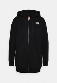 Sudadera negra con cremallera hecha de una mezcla de algodón, con un bolsillo tipo canguro, capucha con cordón y un logo blanco en el lado izquierdo del pecho.