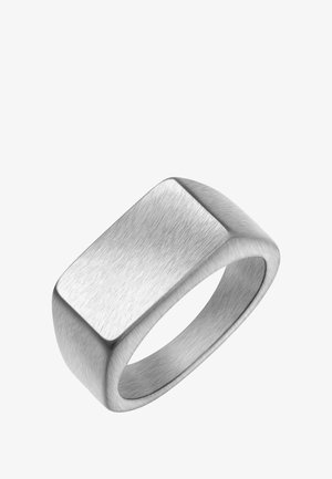 Anneau rectangulaire en acier inoxydable avec une finition brossée, présentant des bords lisses et un bandeau intérieur arrondi pour le confort.