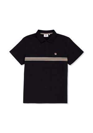 Schwarzes Poloshirt mit kurzen Ärmeln, Kragen, drei Knöpfen, dünnen cremefarbenen und roten horizontalen Streifen sowie einem kleinen gestickten Logo auf der linken Brust.
