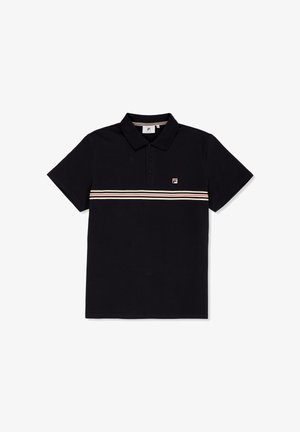 Sort kortærmet polo med krave, tre knapper, tynde creme- og røde vandrette striber samt et lille broderet logo på venstre bryst.