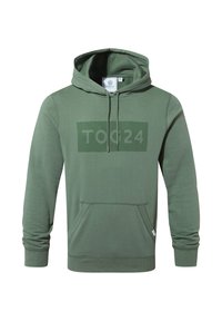Olive green hoodie made of cotton blend material. Features a front pocket, drawstring hood, and a large "TOG24" print on the front.