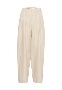 Linnen broek in een lichtbeige kleur met een hoge taille, geplooide voorkant en een taps toelopend, wijd ontwerp. Glad textuur en een verfijnde afwerking.