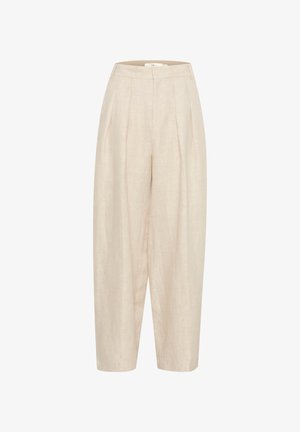 Linen trousers in a light beige color with a high waist, pleated front, and tapered, wide leg design. Smooth texture and tailored finish.