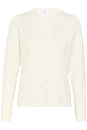 Weißer langärmeliger Cardigan aus weichem Material, mit rundem Ausschnitt und Knopfverschluss an der Vorderseite mit sieben Knöpfen.