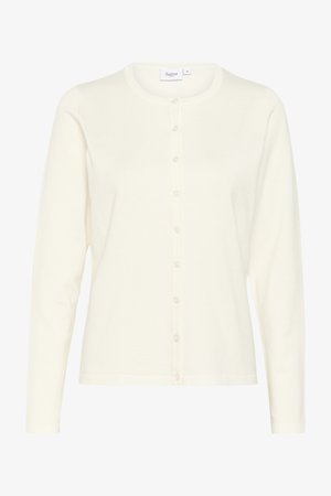 Valge pika varrukaga kardigan pehmest materjalist, ümmarguse kaeluse ja seitsme nööbiga esise closure'iga.