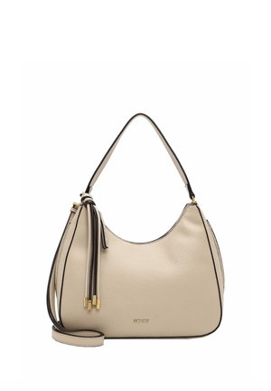 Sac à main en cuir beige avec une anse incurvée unique, garniture noire, tirettes de fermeture éclair dorées et une bandoulière détachable.