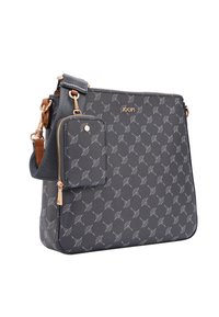 Borsa a spalla grigia con motivo, dotata di una pochette per monete removibile, con dettagli metallici e finitura testurizzata, chiusura con zip e tracolla regolabile.