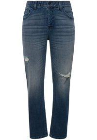 Dunk jeans i mörkblått med blekta områden, med slitna hål framtill och rak benform. Klassisk fem-ficksdesign.