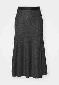 Black sparkly flared skirt with a smooth waistband, made of textured material, featuring a longer back hem and subtle shimmer effect.