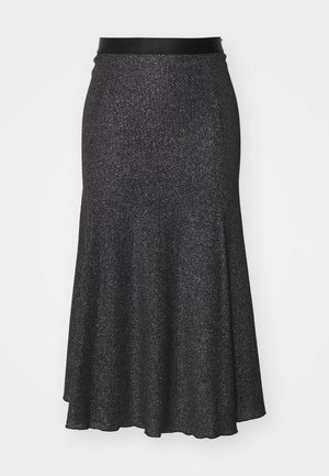 Black sparkly flared skirt with a smooth waistband, made of textured material, featuring a longer back hem and subtle shimmer effect.