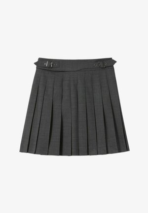 Jupe plissée grise avec une ceinture comportant des accents de boucle. Fabriquée en tissu tissé avec une texture lisse, conçue avec une coupe droite et des plis structurés.