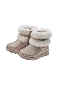 Jongens winterlaarzen in metallic rozekleur, met een nepbonten boord, ritssluiting aan de zijkant en een gestructureerd bovenwerk met een rubberen zool.
