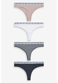 Ensemble de quatre tongs : rayé marron clair, blanc, rayé marine, marine foncé. Toutes les tongs disposent d'une ceinture douce avec la marque "next".