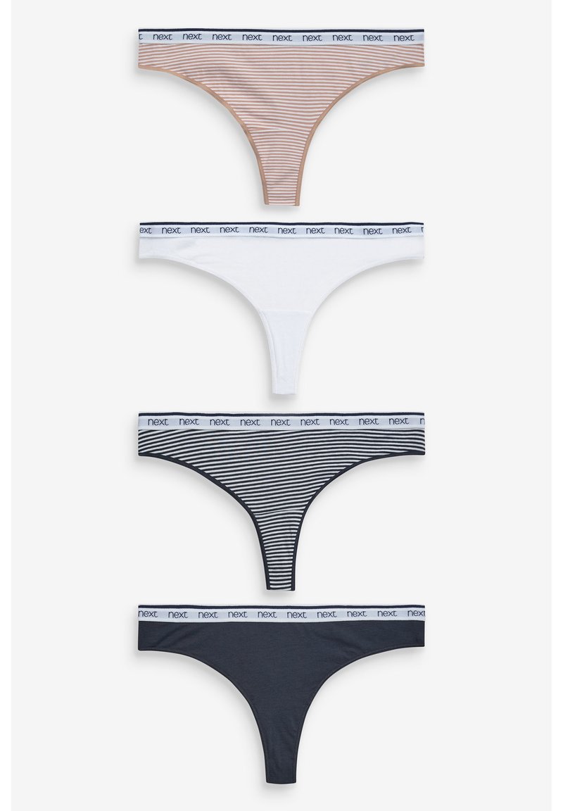 Ensemble de quatre tongs : rayé marron clair, blanc, rayé marine, marine foncé. Toutes les tongs disposent d'une ceinture douce avec la marque "next".