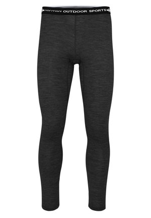 Schwarze Sportleggings aus strukturiertem Stoff mit einem breiten Bund, der mit "normani OUTDOOR SPORTS" beschriftet ist. Enganliegendes und langes Design.