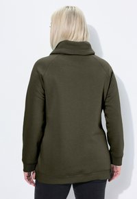 Felpa verde con colletto alto, realizzata in tessuto morbido. Presenta maniche raglan e polsini a coste, mostrata da dietro.