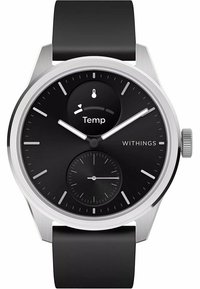 Orologio smartwatch nero con cassa rotonda in acciaio inossidabile. Presenta un quadrante nero con visualizzazione della temperatura, due lancette e un sottodial texturizzato. Cinturino nero.