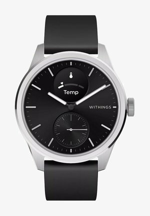 Schwarze Smartwatch mit einem runden Gehäuse aus rostfreiem Stahl. Verfügt über ein schwarzes Zifferblatt mit Temperaturanzeige, zwei Zeigern und einem strukturierten Unterzifferblatt. Schwarzes Armband.