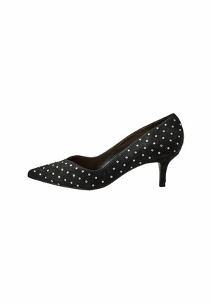 Escarpin noir en daim à talon haut avec un bout pointu, décoré de petites embellissements blanches en forme de perles couvrant la surface supérieure.
