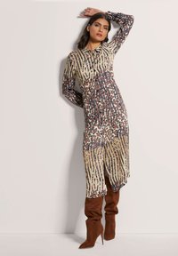 Langes, durchsichtiges Kleid mit einer Mischung aus Leoparden- und gestreiften Mustern in Beige, Braun und Marineblau. Mit Kragen und Knopfverschlüssen.