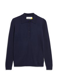 Marineblaues Langarm-Poloshirt mit klassischem Kragen, Leiste mit fünf Knöpfen, gerippten Bündchen und Saum, aus weichem, leichtem Material gefertigt.