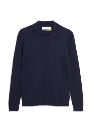 Donkerblauw poloshirt met lange mouwen, een klassieke kraag, een knopenlijst met vijf knopen, geribbelde manchetten en zoom, gemaakt van zacht, licht materiaal.