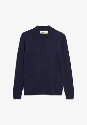 Marineblaues Langarm-Poloshirt mit klassischem Kragen, Leiste mit fünf Knöpfen, gerippten Bündchen und Saum, aus weichem, leichtem Material gefertigt.