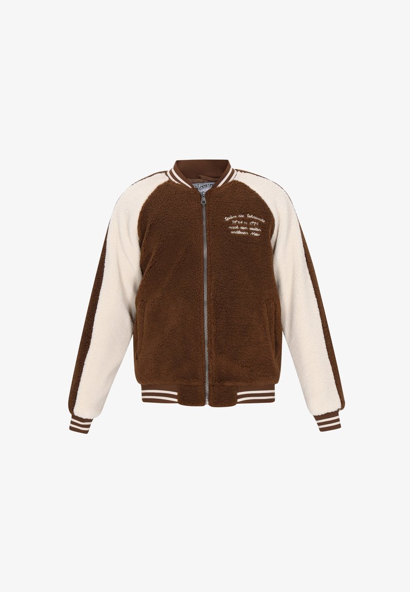 Brun og creme fleece bomberjakke, lynlås lukning, ribbede manchetter og kant, med broderet tekst på forsiden, kontrasterende ærmepaneler.