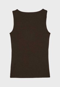 Débardeur marron foncé sans manches avec un col rond, posé à plat sur un fond clair.