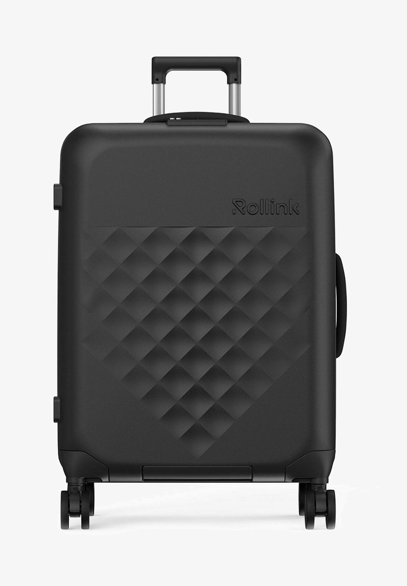 Black hard-shell suitcase with a diamond-patterned texture, retractable handle, and four wheels for easy maneuverability.