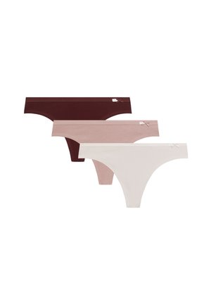 Trzy damskie bawełniane stringi w ciemnym bordowym, stonowanym różowym oraz kremowym kolorze, każdy z małą dekoracyjną kokardką na gumce.