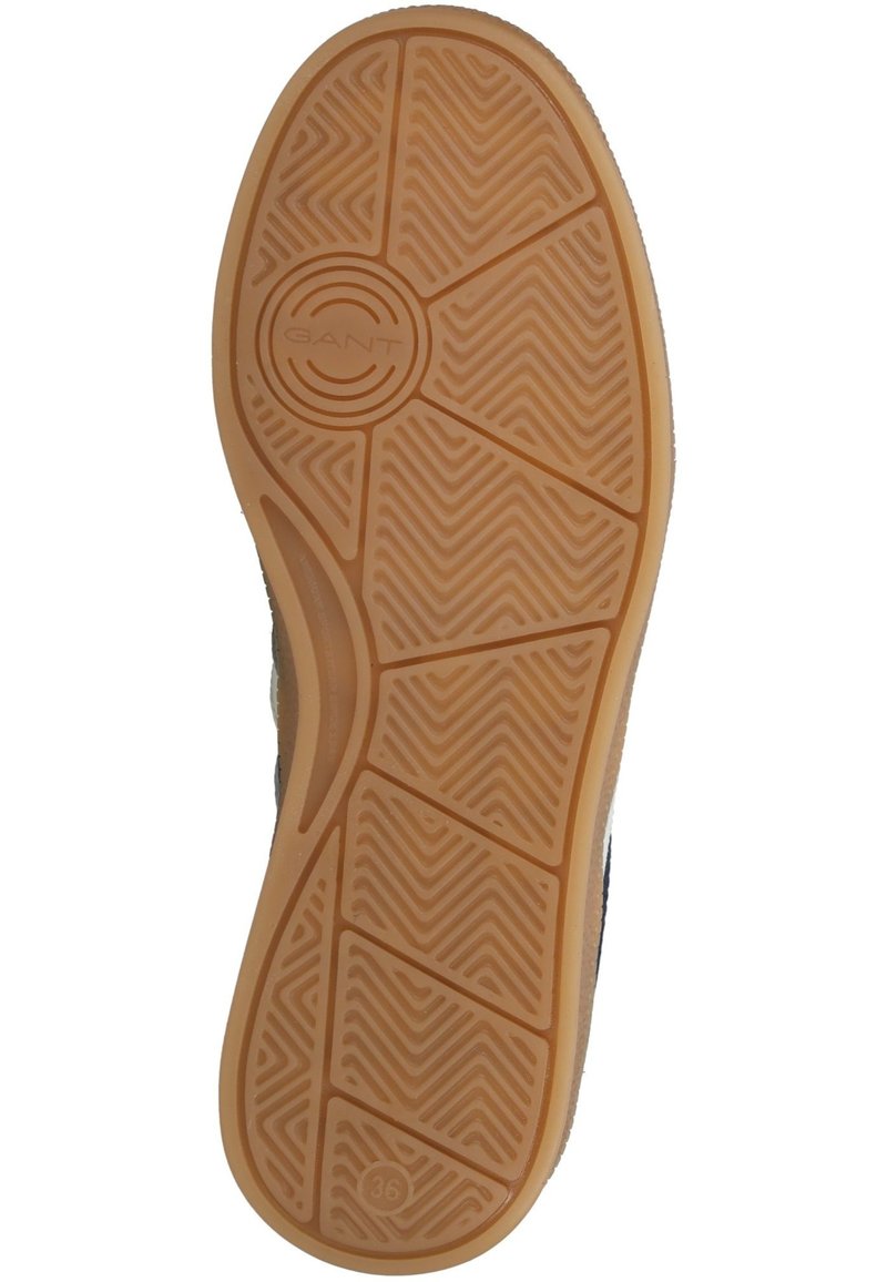 Gumowa podeszwa buta z teksturowanym, zygzakowatym wzorem. Kolor jasnobrązowy z okrągłym logo w pobliżu środka, rozmiar oznaczone jako 36.