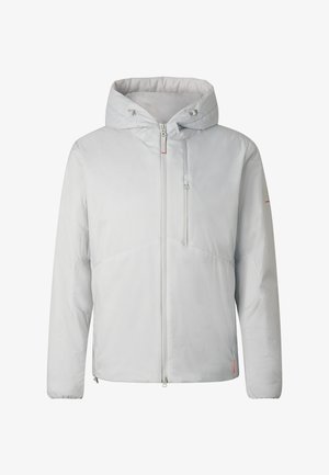 White hooded winter jacket with front zipper, zippered chest pocket, and drawstring adjustment on the hood.