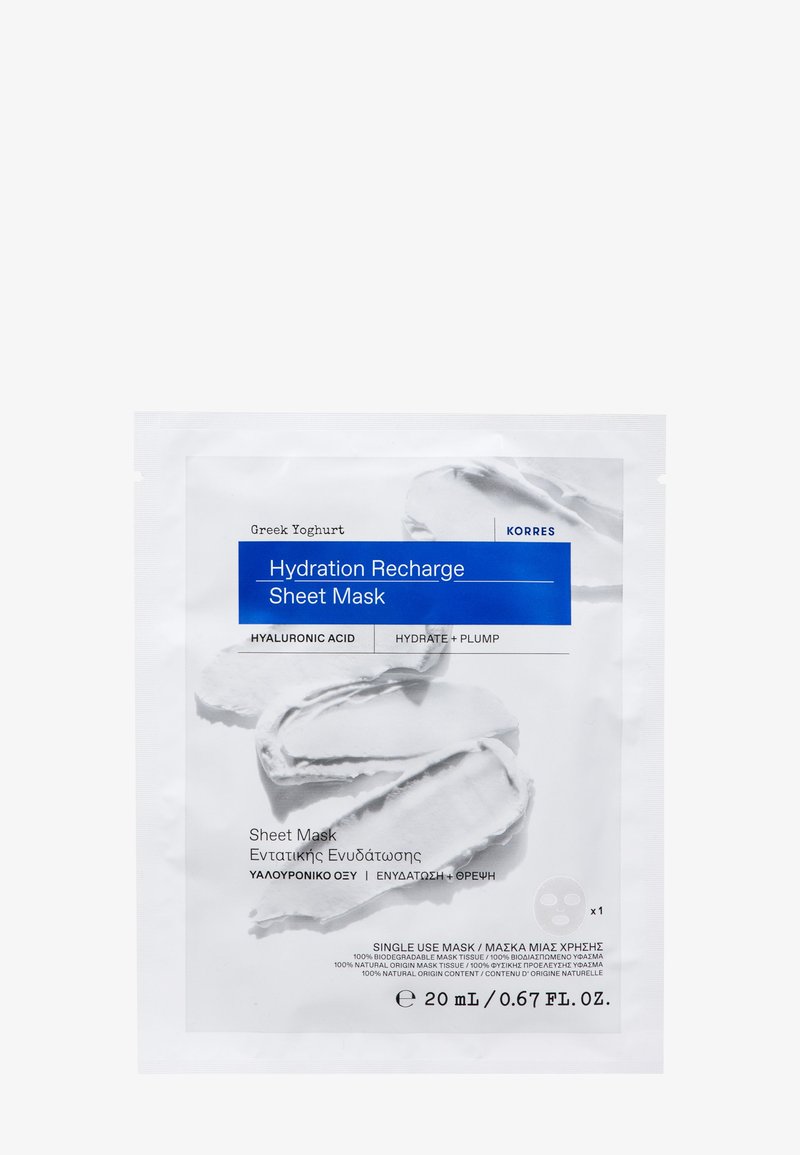 Maseczka w płachcie Korres Hydration Recharge z kwasem hialuronowym, greckim jogurtem, nawilżająca i wypychająca, 20ml jednorazowe opakowanie biodegradowalne.