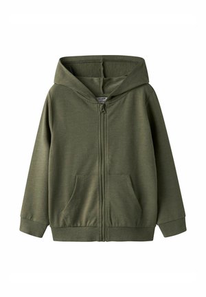 Green zip-up hoodie made of soft fabric, featuring a large hood, two front pockets, and ribbed cuffs for a snug fit.