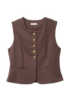 Braune Nadelstreifenweste mit rundem Ausschnitt, fünf goldenen Knöpfen und zwei Fronttaschen. Hergestellt aus einem glatten Stoff mit maßgeschneiderter Passform.