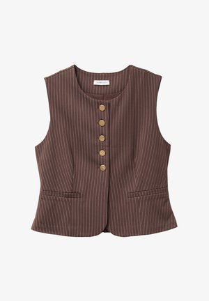 Braune Nadelstreifenweste mit rundem Ausschnitt, fünf goldenen Knöpfen und zwei Fronttaschen. Hergestellt aus einem glatten Stoff mit maßgeschneiderter Passform.