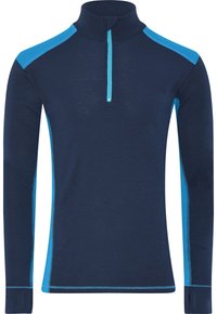 Marineblå pullover med høj krave, der har kontrastfarvede lyseblå skulder- og sidepaneler, samt en kvart lynlås foran.