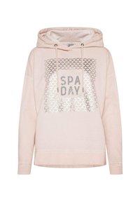 Felpa rosa con coulisse, caratterizzata da una grafica argento con il testo "SPA DAY" su uno sfondo testurizzato. Tessuto morbido, vestibilità rilassata.