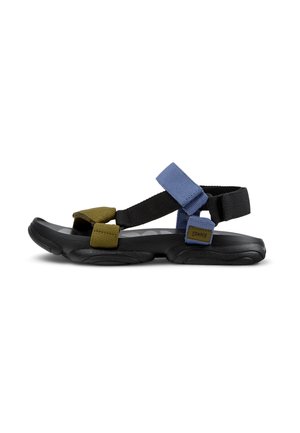 Black sandals featuring adjustable straps in olive green and blue. Textured sole with a cushioned footbed and branded detail on the side.